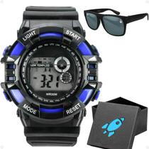 Relogio Digital Infantil Menino Preto + Caixa + Oculos Sol esportivo silicone ajustavel data azul cronometro alarme