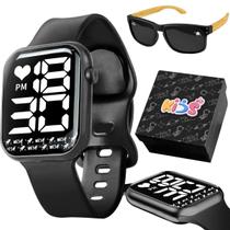 Relógio Digital Infantil + Oculos Proteção Sol + Caixa UV preto qualidade premium criança menino presente haste madeira Relógio Digital Infantil + Oculos Proteção Sol + Caixa UV preto qualidade premium criança menino presente haste madeira
