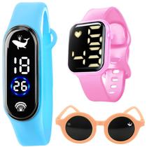 Relógio digital infantil prova dagua + bracelete + oculos resistente criança menina proteção uv azul