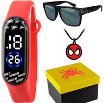 Relógio Digital Infantil Prova Dagua com Óculos de Sol AntiUV Colar Temático e Caixa Herói Aranha Kit Presente Menino