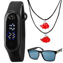 relogio digital infantil prova dagua + oculos + colar naruto resistente qualidade premium menino preto adolescente data