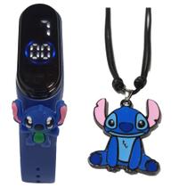 Relógio Digital Infantil Stitch Led + Colar Stitch Ajustável Prova D'Água Azul