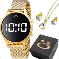 Relogio Digital Led Banhado Aço Inox + Brincos Colar + Caixa original casual dourado presente qualidade premium social