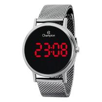 Relógio Digital LED Champion A Prova D'água Prata Redondo Fundo Preto