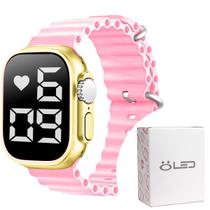 Relógio digital led feminino aço inox ultra silicone + caixa presente qualidade premium rosa dourado