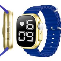 Relógio digital masculino aço inox ultra led silicone + caixa azul presente garantia dourado