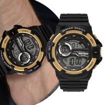 Relógio Digital Masculino Esportivo de Pulso com Pulseira de Silicone à Prova D Água Surf Shock Militar Tático Preto e Dourado Mormaii