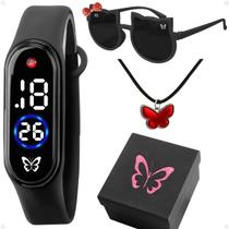 relogio digital menina infantil + colar + caixa garota proteção uv rosa led presente prova dagua ajustavel borboleta