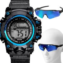 Relogio Digital Proteção UV + Oculos Prova Dagua Masculino azul original resistente bike data acetato preto presente