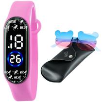 relogio digital prova dagua infantil led + case + oculos sol rosa qualidade premium criança silicone adolescente menina