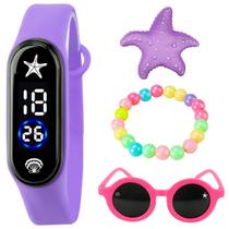 Relógio Digital Prova Dagua Infantil + Pulseira + Oculos Sol roxo colorida presente qualidade premium pulseira ajustavel