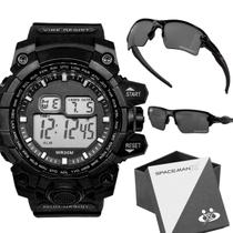 Relogio digital prova dagua masculino + oculos uv proteção acetato cronometro data esportivo caixa
