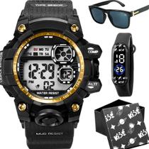 relogio digital prova dagua + oculos sol protecao uv + caixa menino alarme cronometro ajustavel silicone preto esportivo