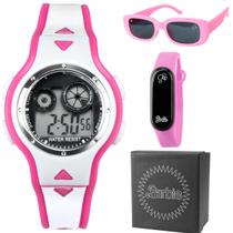 relogio digital + rosa barbie infantil + caixa + oculos sol menina alarme silicone criança presente