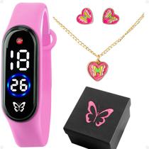 relogio digital rosa led infantil + colar + brincos + caixa original borboleta ajustavel silicone qualidade premium led