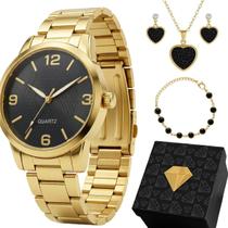 Relogio Dourado Aco Inox Feminino + Caixa + Oculos Pulseira pingente presente losango casual original preto inoxidavel