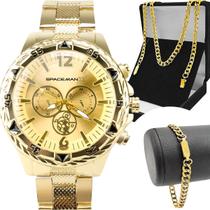 Relogio Dourado Aco Masculino Inox + Pulseira + Corrente robusto pesado presente banhado cordao resistente silicone