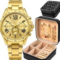 relogio dourado banhado + colar + brincos prova dagua qualidade premium presente casual original social