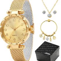 Relógio Dourado Banhado + Pulseira + Colar Aço Inox Brinco strass silicone presente social prova dagua resistente casual