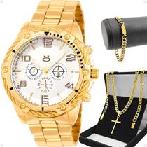 relogio dourado banhado + pulseira + cordao crucifixo grumet casual ponteiro cruz jesus robusto presente religiao pesado