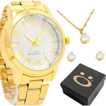 Relogio Dourado Feminino Aço + Colar Brincos Strass + Caixa presente casual ponteiro inoxidável