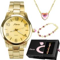 Relógio Dourado Feminino Aço Inox Folheado Ouro + Pulseira Berloque + Colar Premium