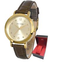 Relógio Dourado Feminino de Pulso Mondaine Pulseira Couro