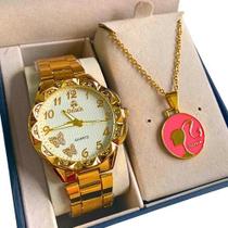 Relógio Dourado Feminino Delicado Estiloso + Colar Pingente
