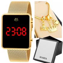 Relogio Dourado Feminino Digital Led Original + Pulseira Berloque Folheado Ouro 18k