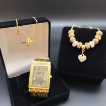 Relógio Dourado Feminino Kit Veneza C/ Pulseira Berloque + Colar presente Relógio Dourado Feminino Kit Veneza C/ Pulseira Berloque + Colar presente