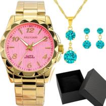 Relógio Dourado Feminino Minimalista E Conjunto Brinco Colar