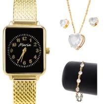Relógio Dourado Feminino Quadrado Analógico Vintage + Kit Luxuoso Presente