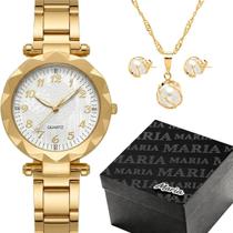 Relogio dourado feminino strass aco + caixa + colar brincos qualidade premium social 18k casual inoxidavel ouro presente