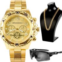 Relogio Dourado Masculino Aco Inox + Oculos Sol + Corrente pesado original preto robusto resistente presente grumet