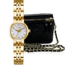 Relógio Dourado Mini Feminino com Kit com Brinde Bolsa de Couro Mondaine Original com 1 Ano de Garantia 99817LPMVDE1