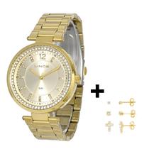 Relogio Dourado Pulso Feminino Lince com pedras + Brinco
