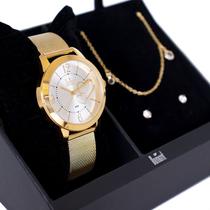 Relógio Dumont Feminino Dourado Pulseira Mesh DUPC21JAG/K1K Kit Colar e Brincos