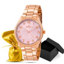 Relógio Eura Metal Detalhe Folha Rose + Embalagem Presente