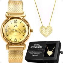 relogio feminino aço banhado + colar coração amor + caixa strass transparente inoxidável moda social pulseira ajustavel