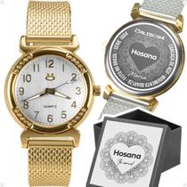 relogio feminino aço banhado dourado silicone inox + caixa presente casual social inoxidável moda personalize