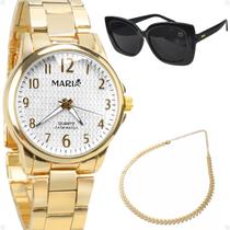 Relogio Feminino Aço Banhado + Oculos Sol peixe proteção uv original casual social dourado presente analógico inoxidavel