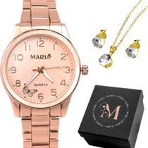 relogio feminino aco banhado rose + brincos colar + caixa delicado casual inoxidável ajustavel strass presente pingente