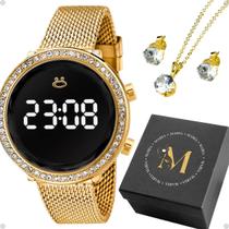 relogio feminino aço digital strass colar brinco caixa dourado pulseira ajustável presente casual banhado social