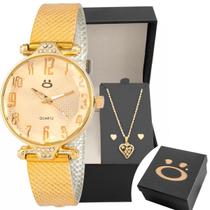 Relogio Feminino Aço Dourado + Brinco Colar Coração + Caixa