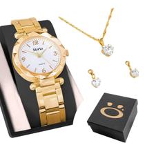 Relogio Feminino Aço Dourado + Brinco + Colar Strass + Caixa transparente garantia presente original delicado ponteiro