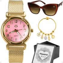 relogio feminino aço dourado + caixa + oculos sol + pulseira qualidade premium personalize social