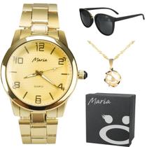 Relógio feminino aço dourado + caixa perola strass social presente casual qualidade premium