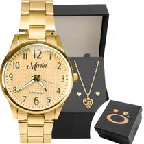 Relogio Feminino Aço Dourado + Colar Brinco Coração + Caixa qualidade premium presente original ponteiro social