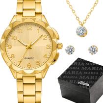 Relogio Feminino Aço Dourado + Colar + Caixa perola prova dagua social original strass qualidade premium presente moda