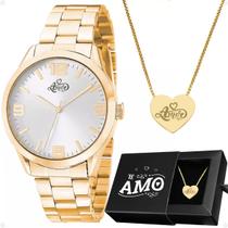 Relogio Feminino Aço Dourado + Colar Coração Amor + Caixa casual original moda qualidade premium social presente